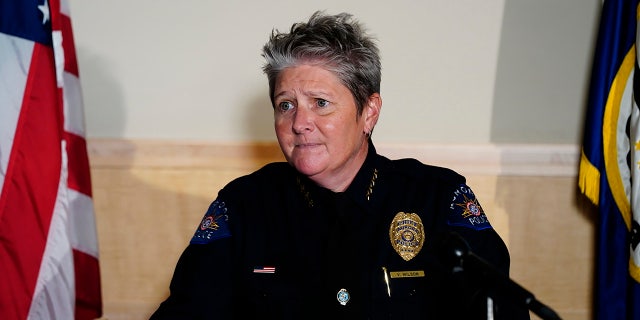 In this July 3, 2020, file photo, Aurora Police Department Interim Chief Vanessa Wilson speaks during a news conference in Aurora, Colo. Wilson was picked to be the chief of the Aurora Police Department in a 10-1 vote Monday night, Aug. 3 becoming the first woman to hold the job, after competing with three other nationwide finalists to lead the agency in Colorado’s third-largest city, a diverse community east of Denver. (Philip B. Poston/Sentinel Colorado via AP, File)