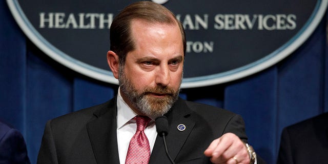 FILE - In this Feb. 7, 2020, file photo, Health and Human Services Secretary Alex Azar, who is also chairman of the President's Task Force on the Novel Coronavirus, speaks at the Health and Human Services headquarters in Washington. Azar will visit Taiwan in coming days in the highest-level visit by an American Cabinet official since the break in formal diplomatic relations between Washington and Taipei in 1979. (AP Photo/Jacquelyn Martin, File)