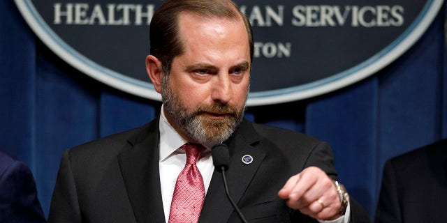 FILE - In this Feb. 7, 2020, file photo, Health and Human Services Secretary Alex Azar, who is also chairman of the President's Task Force on the Novel Coronavirus, speaks at the Health and Human Services headquarters in Washington. Azar will visit Taiwan in coming days in the highest-level visit by an American Cabinet official since the break in formal diplomatic relations between Washington and Taipei in 1979. (AP Photo/Jacquelyn Martin, File)