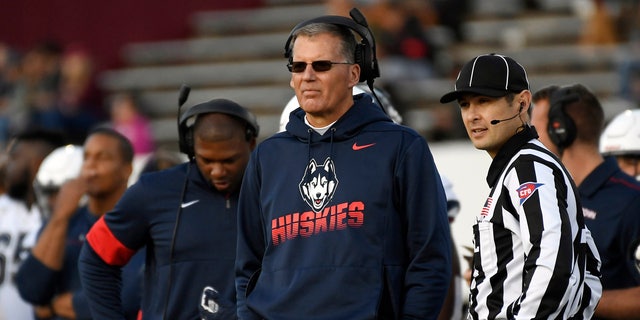 FILE - In this Oct. 26, 2019, file photo, Connecticut head coach Randy Edsall during the first half of an NCAA college football game in Amherst, Mass. UConn has canceled its 2020-2021 football season, becoming the first FBS program to suspend football because of the coronavirus pandemic. (AP Photo/Jessica Hill, File)
