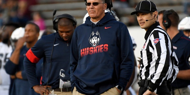 FILE - In this Oct. 26, 2019, file photo, Connecticut head coach Randy Edsall during the first half of an NCAA college football game in Amherst, Mass. UConn has canceled its 2020-2021 football season, becoming the first FBS program to suspend football because of the coronavirus pandemic. (AP Photo/Jessica Hill, File)