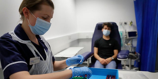 Clinical Research Nurse Aneta Gupta labels blood samples from volunteer Yash during the Imperial College vaccine trial, at a clinic in London, Wednesday, Aug. 5, 2020. (Associated Press)