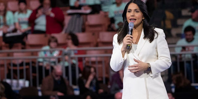 <br>
U.S. Rep. Tulsi Gabbard, D-Hawaii, speaks in Manchester, N.H., Feb. 8, 2020. (Associated Press)