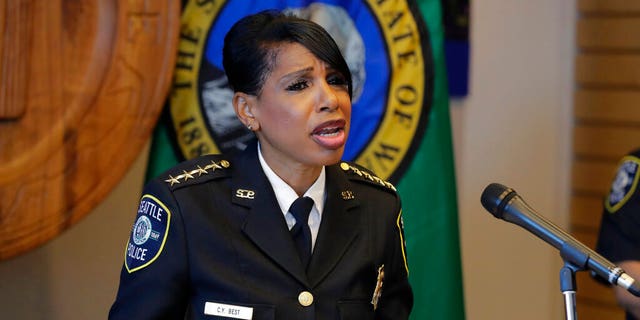Seattle Police Chief Carmen Best announces her resignation Tuesday. (AP Photo/Ted S. Warren)
