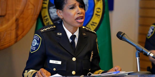 Seattle Police Chief Carmen Best announces her resignation Tuesday. (AP Photo/Ted S. Warren)