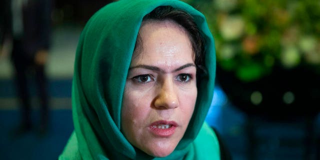 Afghan politician Fawzia Koofi speaks to media before the "intra-Afghan" talks in Moscow, Russia, in 2019. (AP Photo/Pavel Golovkin)