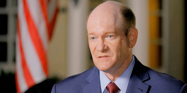 In this image from video, Sen. Chris Coons, D-Del., delivers a nominating speech during the second night of the Democratic National Convention on Tuesday, Aug. 18, 2020. (Democratic National Convention via AP)