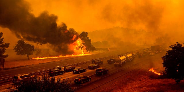 Flames from the LNU Lightning Complex fires jump Interstate 80 in Vacaville, Calif., Wednesday, Aug. 19, 2020. The highway was closed in both directions shortly afterward. Fire crews across the region scrambled to contain dozens of wildfires sparked by lightning strikes as a statewide heat wave continues. (AP Photo/Noah Berger)