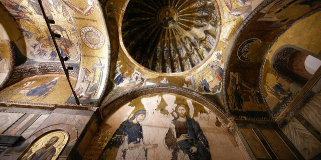 Details of St Savior in Chora church, known as Kariye in Turkish, in Istanbul, Friday, Aug. 21, 2020. Turkey on Friday formally converted former Byzantine church, St Savior in Chora, into a mosque, a month after it similarly turned Istanbul's landmark Hagia Sophia into a Muslim house of prayer, drawing international rebuke.(AP Photo/Emrah Gurel)