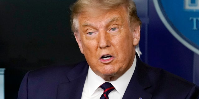 President Donald Trump speaks during a media briefing in the James Brady Briefing Room of the White House, Sunday, Aug. 23, 2020, in Washington.