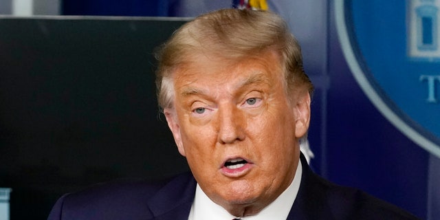 President Donald Trump speaks during a media briefing in the James Brady Briefing Room of the White House, Sunday, Aug. 23, 2020, in Washington.