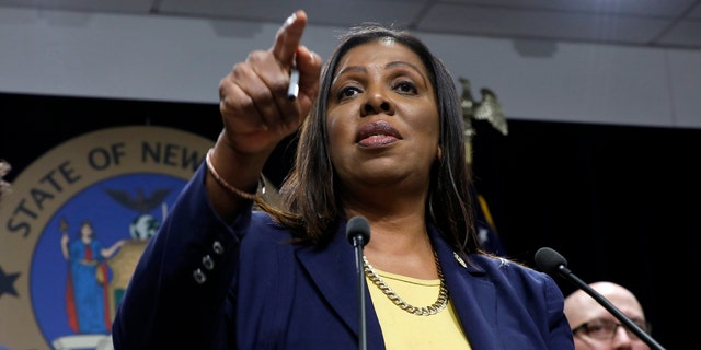 New York State Attorney General Letitia James speaks during a news conference at her office in New York.