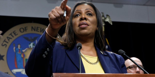 New York State Attorney General Letitia James speaks during a news conference at her office in New York.