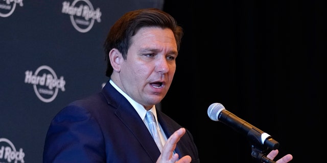 Florida Gov. Ron DeSantis speaks during a news conference, Monday, Aug. 24, 2020, at Hard Rock Stadium in Miami Gardens, Fla. (AP Photo/Lynne Sladky)