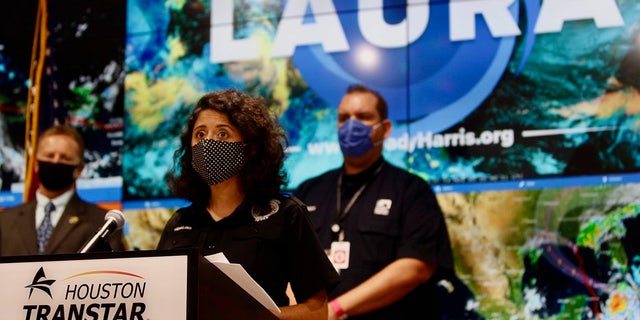Judge Lina Hidalgo emphasized that Laura should not be compared to past hurricanes like Harvey while addressing the media from Houston Transtar on Monday, Aug. 24, 2020. (Hadley Chittum /Houston Chronicle via AP)
