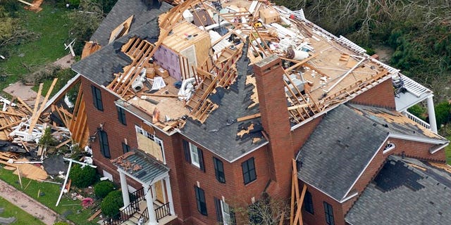 A home is damaged Aug. 27, after Hurricane Laura went through the area near Lake Charles, La. (AP Photo/David J. Phillip)