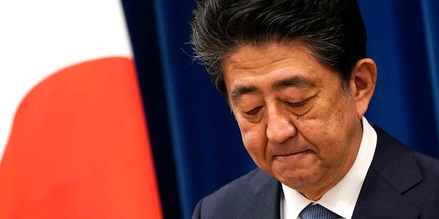 Japanese Prime Minister Shinzo Abe speaks during a press conference at the prime minister official residence in Tokyo Friday, Aug. 28, 2020. Abe, Japan’s longest-serving prime minister, says he’s resigning because a chronic illness has resurfaced. (Franck Robichon/Pool Photo via AP)