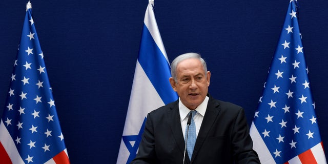Netanyahu and White House adviser Jared Kushner make statements to the press about the Israeli-United Arab Emirates peace accords, in Jerusalem, Sunday, Aug. 30, 2020. (Debbie Hill/Pool Photo via AP)