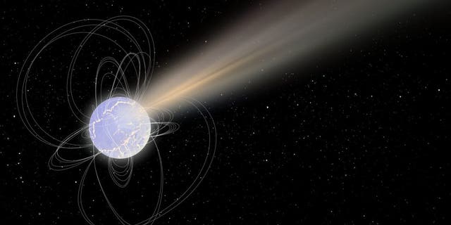 艺术家对SGR 1935 + 2154无线电爆炸电磁波的印象。 (来源:ESA)