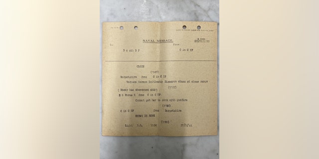 One of the telegrams detailing the Bismarck's sinking.