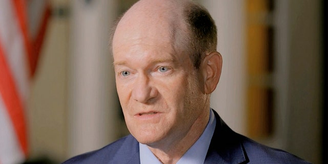 In this image from video, Sen. Chris Coons, D-Del., delivers a nominating speech during the second night of the Democratic National Convention on Tuesday, Aug. 18, 2020. Coons will visit Taiwan Sunday, according to the American Institute in Taiwan (Democratic National Convention via AP)