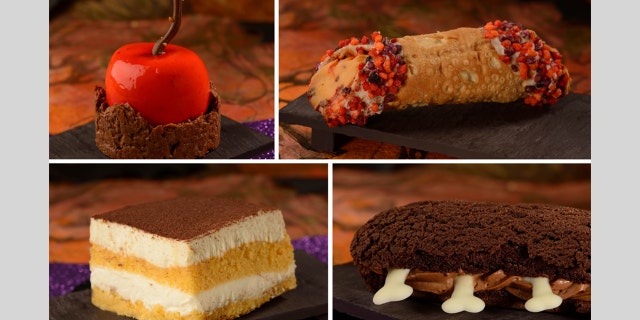 The Poison Candied Apple, Pumpkin Cheesecake Cannoli, Pumpkin Tiramisu and Box of Bones Chocolate Éclair, pictured.