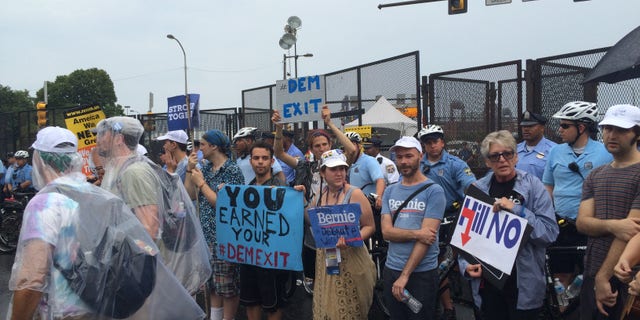 In this 2016 file photo, Bernie Sanders supporters are seen protesting outside the Democrats' convention in Philadelphia. (FNC)