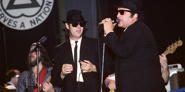 Dan Aykroyd and John Belushi performing with The Blues Brothers at the Palladium in New York City on June 1, 1980.