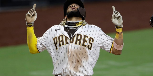 San Diego Padres' Fernando Tatis Jr. reacts after hitting a two-run home run during the fifth inning of a baseball game against the Los Angeles Dodgers Wednesday, Aug. 5, 2020, in San Diego. (Associated Press)
