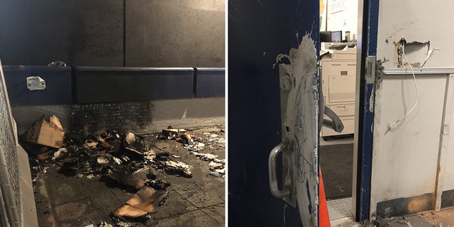 Trash fire set outside of East Precinct; East Precinct door damaged by protesters. (Seattle Police Department)