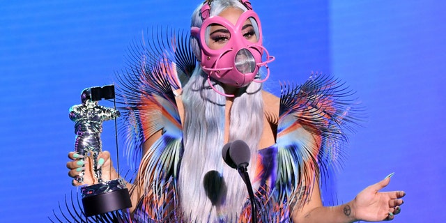 Lady Gaga accepts the best collaboration award for 'Rain on Me' with Ariana Grande onstage during the 2020 MTV Video Music Awards, broadcast on Sunday, August 30th 2020. (Photo by Kevin Winter/MTV VMAs 2020/Getty Images for MTV)