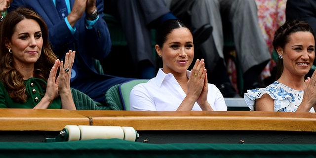 (L-R) Catherine, Duchess of Cambridge, Meghan, Duchess of Sussex and Pippa Middleton attend the Royal Box during Day twelve of The Championships - Wimbledon 2019 at All England Lawn Tennis and Croquet Club on July 13, 2019, in London, England.