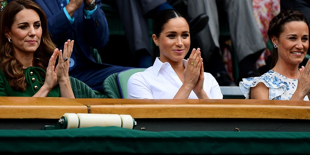 (L-R) Catherine, Duchess of Cambridge, Meghan, Duchess of Sussex and Pippa Middleton attend the Royal Box during Day twelve of The Championships - Wimbledon 2019 at All England Lawn Tennis and Croquet Club on July 13, 2019, in London, England.