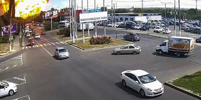 A view of a fire at a filling station, which caused a gas tank explosion, in Traktorozavodsky District. Video screen grab.