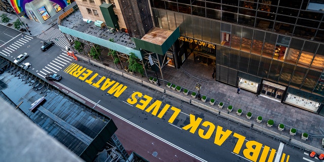 A Black lives Matter mural that was painted on 5th Avenue is seen directly in front of Trump Tower on July 13, 2020 in New York City. (David Dee Delgado/Getty Images)