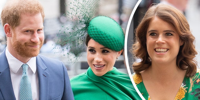 Prince Harry and Meghan Markle (right) are reported to have shared the news of Markle's pregnancy as the wedding of Princess Eugenie (left).