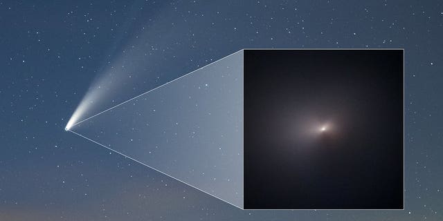 This ground-based image of comet C/2020 F3 (NEOWISE) was taken from the northern hemisphere on July 18, 2020. The inset image, taken by the Hubble Space Telescope on Aug. 8, 2020, reveals a close-up of the comet after it passed by the sun. Hubble's image is centered on the comet's nucleus, which is too small to be seen, as it is estimated to measure no more than 3 miles (4.8 kilometers) across. Instead, the image shows a portion of the comet's coma, the fuzzy glow, which measures about 11,000 miles (18,000 kilometers) across in this image. Comet NEOWISE will not pass through the inner solar system for another nearly 7,000 years. (NASA, ESA, Q. Zhang (Caltech), A. Pagan (STScI), and Z. Levay)