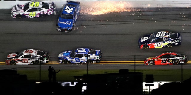 Matt Kenseth's car (42) hit Jimmie Johnson (48) late in the race.