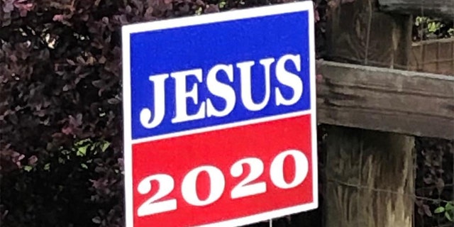 A Jesus 2020 yard sign from a campaign started by Joyce Hubbard and her friend Martha Sikes at Sampey Memorial Baptist Church in Ramer, Alabama.