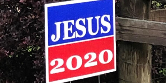 A Jesus 2020 yard sign from a campaign started by Joyce Hubbard and her friend Martha Sikes at Sampey Memorial Baptist Church in Ramer, Alabama.