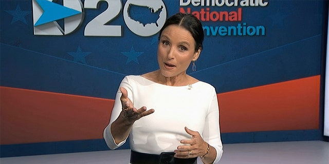 In this image from video, Julia Louis-Dreyfus, serving as moderator, speaks during the fourth night of the Democratic National Convention on Thursday, Aug. 20, 2020. 