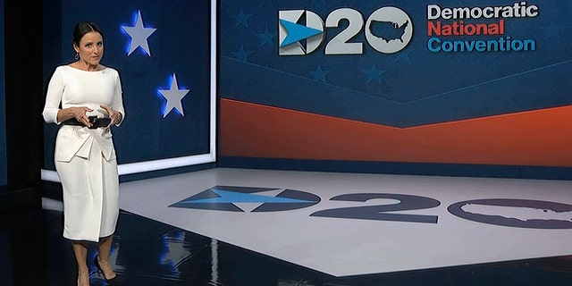 Julia Louis-Dreyfus poked fun at Trump and Pence during her DNC hosting duties. (Democratic National Convention via AP)