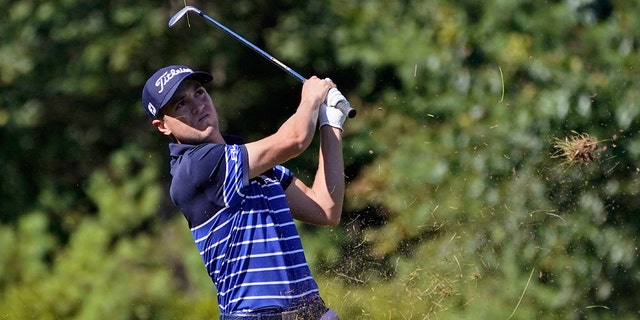 Justin Thomas hits out of a bunker on the 15th fairway in the first round of the Northern Trust golf tournament at TPC Boston, Thursday, Aug. 20, 2020, in Norton, Mass.