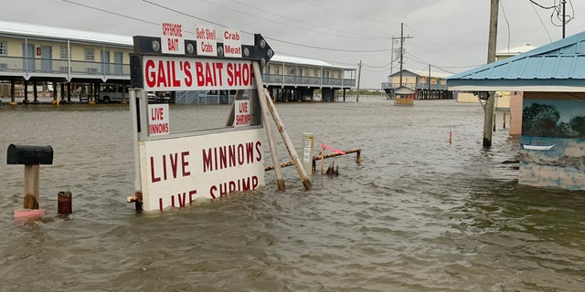 Rising waters as storm surge from Hurricane Laura nears the Gulf Coast can be seen on Wednesday, Aug. 26, 2020.