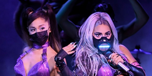 Ariana grande (left) and lady gaga perform during the 2020 mtv video music awards, broadcast on sunday, august 30th 2020. (photo by kevin winter/mtv vmas 2020/getty images for mtv)