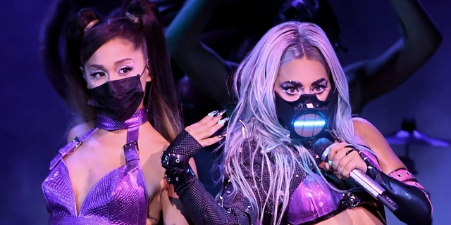 Ariana Grande (left) and Lady Gaga perform during the 2020 MTV Video Music Awards, broadcast on Sunday, August 30th 2020. (Photo by Kevin Winter/MTV VMAs 2020/Getty Images for MTV)