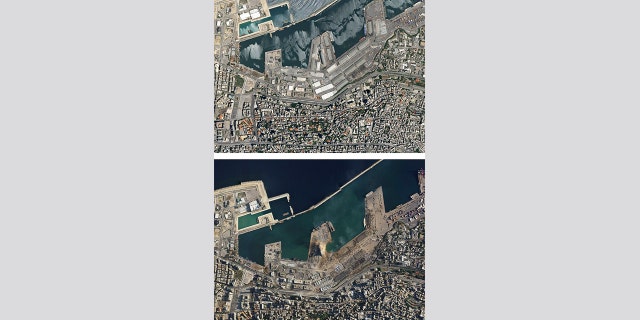 A combo of satellite images of the port of Beirut and the surrounding area in Lebanon, top, taken on May 31, 2020 and the bottom taken on Wednesday Aug. 5, 2020 that shows the destruction following a massive blast on Tuesday. Residents of Beirut confronted a scene of utter devastation a day after a massive explosion at the port rippled across the Lebanese capital, killing at least 100 people, wounding thousands and leaving entire city blocks blanketed with glass and rubble. (Planet Labs Inc. via AP)