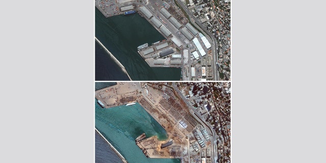 This combination of satellite images provided by Maxar Technologies shows the port of Beirut and the surrounding area in Lebanon, top, on June 9, 2020, and the same area on Wednesday, Aug. 5, 2020, the day after a massive explosion that left entire city blocks blanketed with glass and rubble. (©2020 Maxar Technologies via AP)