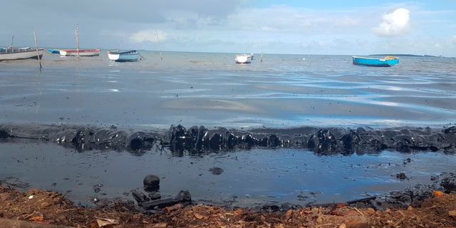 Oil is seen polluting the shores of the public beach in Riviere des Creoles, Mauritius, on Saturday. (Sophie Seneque via AP)