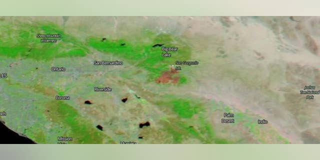 NASA's Aqua satellite imaged the Apple Fire near Big Bear Lake in California on Aug. 9. The satellite used its false-color bands to distinguish burn scars from the surrounding area more easily.